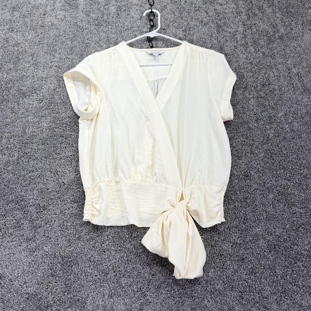 Nine West Blouse Womens Medium White Short Sleeve V Neck Tie Front Casual Top